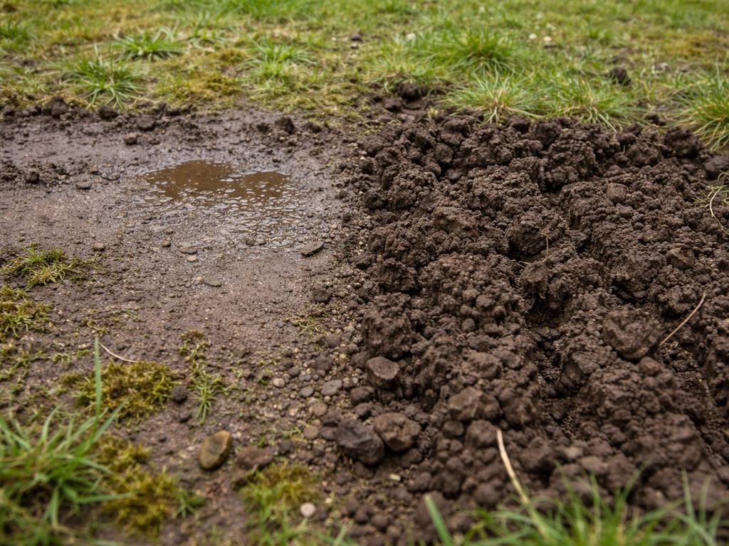 Gros plan comparant un sol tassé avec mousse et un sol décompacté mieux drainé, jardin humide après pluie.