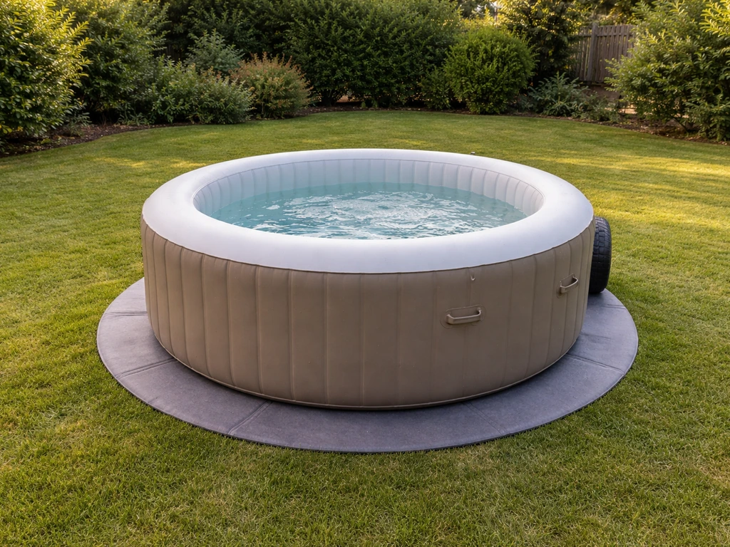 Spa gonflable rond installé sur une pelouse, sur un tapis isolant visible, bien stable et à niveau.