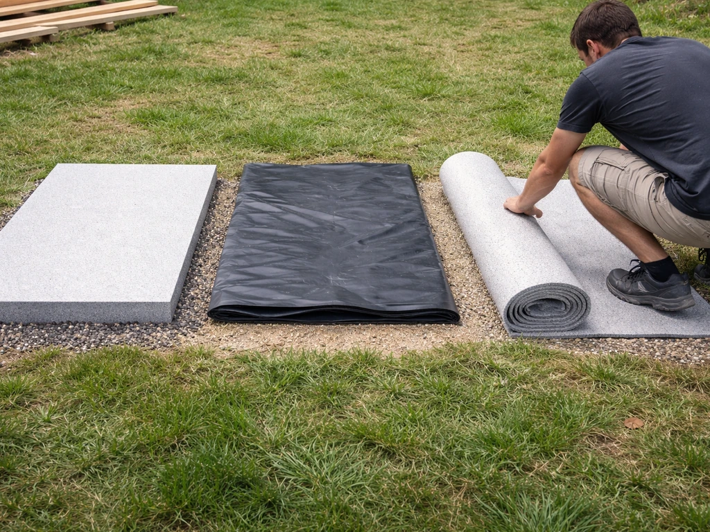 Trois sous-couches d’isolation (dalle, liner, tapis) posées sur une pelouse, épaisseurs visibles et chantier minimal.
