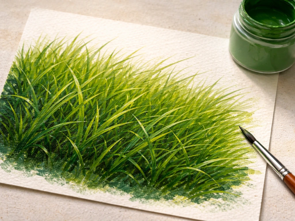Gros plan d’herbe peinte à l’acrylique sur toile, avec brins nets et ombres réalistes.