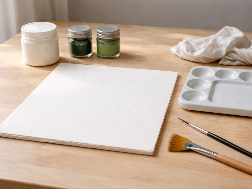 Matériel d’aquarelle sur une table : toile/papier, gesso, pots verts, pinceaux, palette et chiffons.