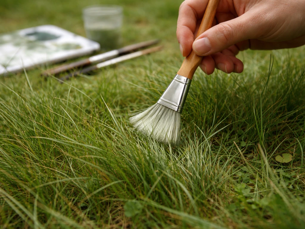Main tenant un pinceau éventail sur une zone d’herbe, peinture presque retirée, rendu de brossage à sec.