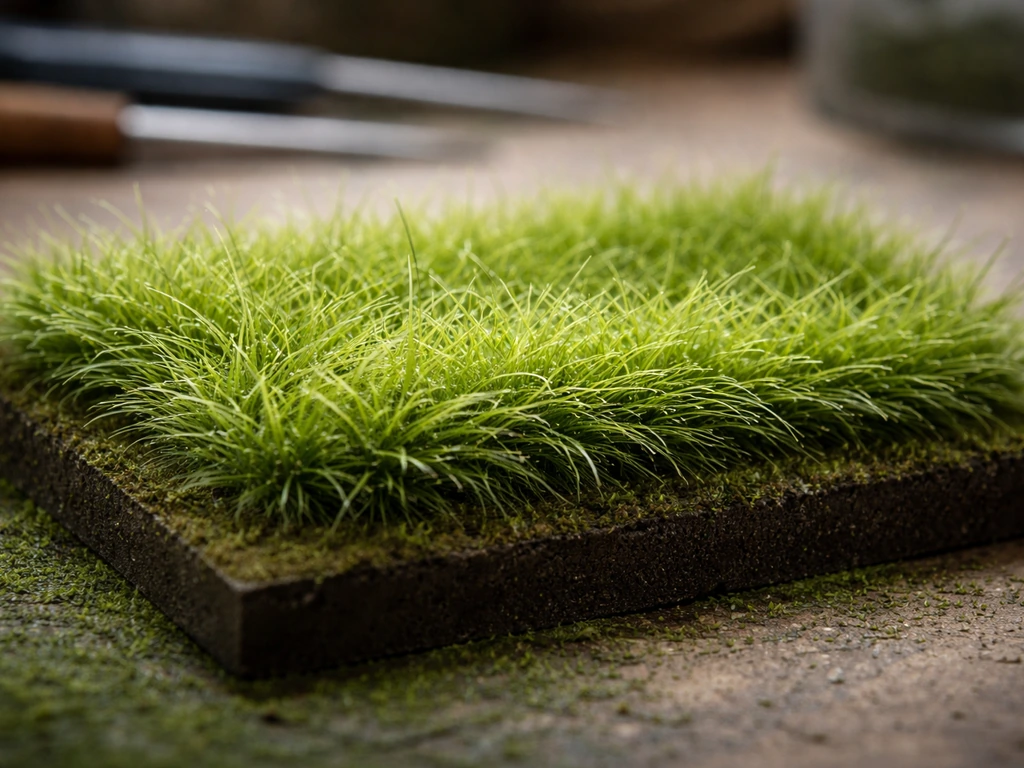 Gros plan d’un tableau d’herbe en couches : brins foncés dessous, brins clairs en surcouche, relief visible.