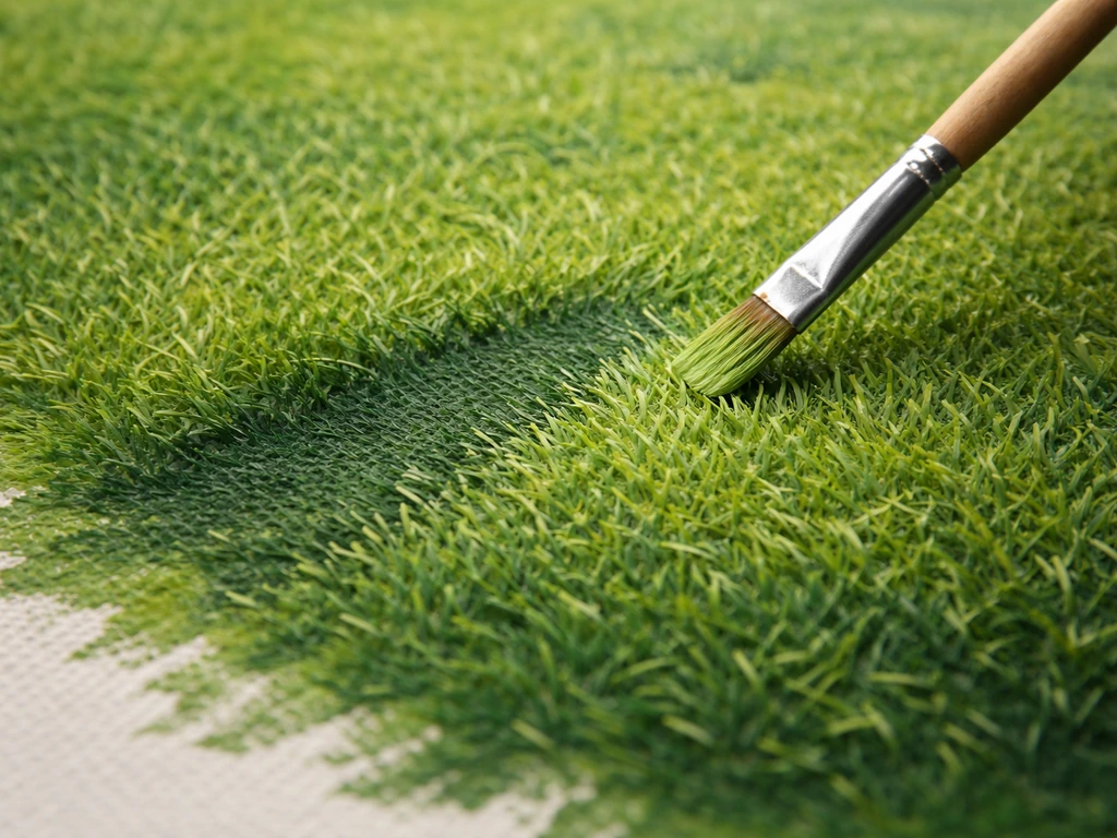 Gros plan d’une zone d’herbe peinte : retouches en cours avec une couche sombre puis repassage de brins clairs