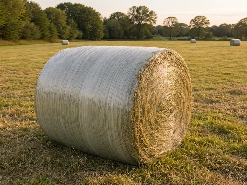 Balle d’herbe enrubannée au premier plan, film plastique bien tendu, champ en arrière-plan.