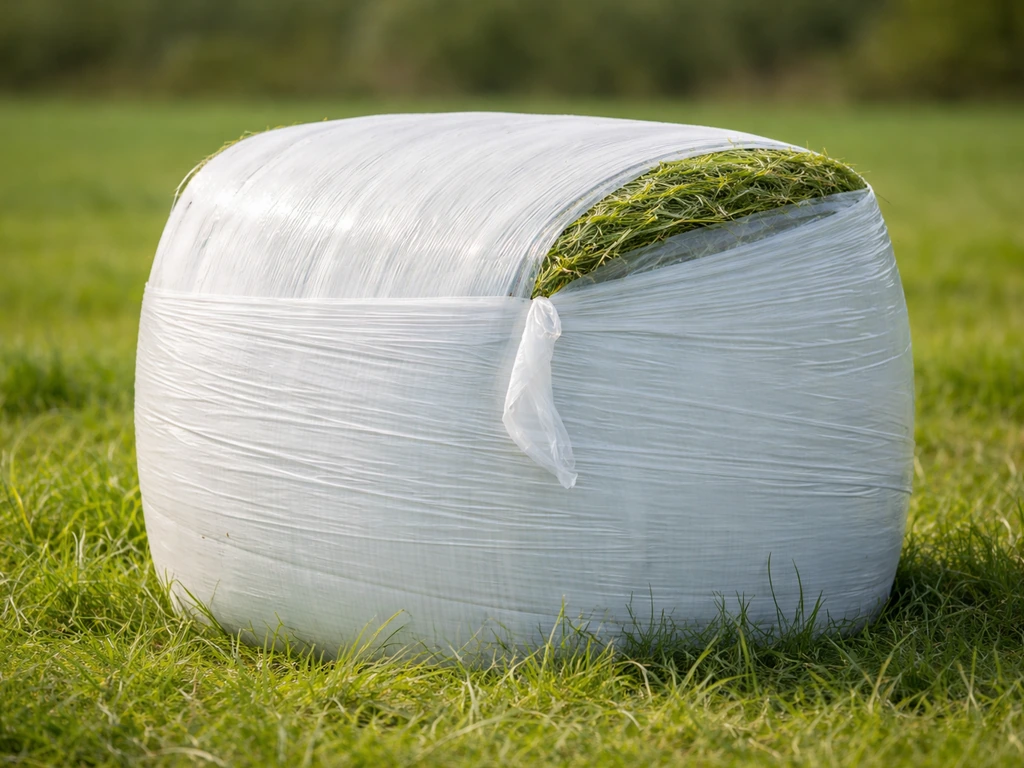 Balle d’herbe en cours d’enrubannage, film étirable enroulé et herbe fraîche visible.