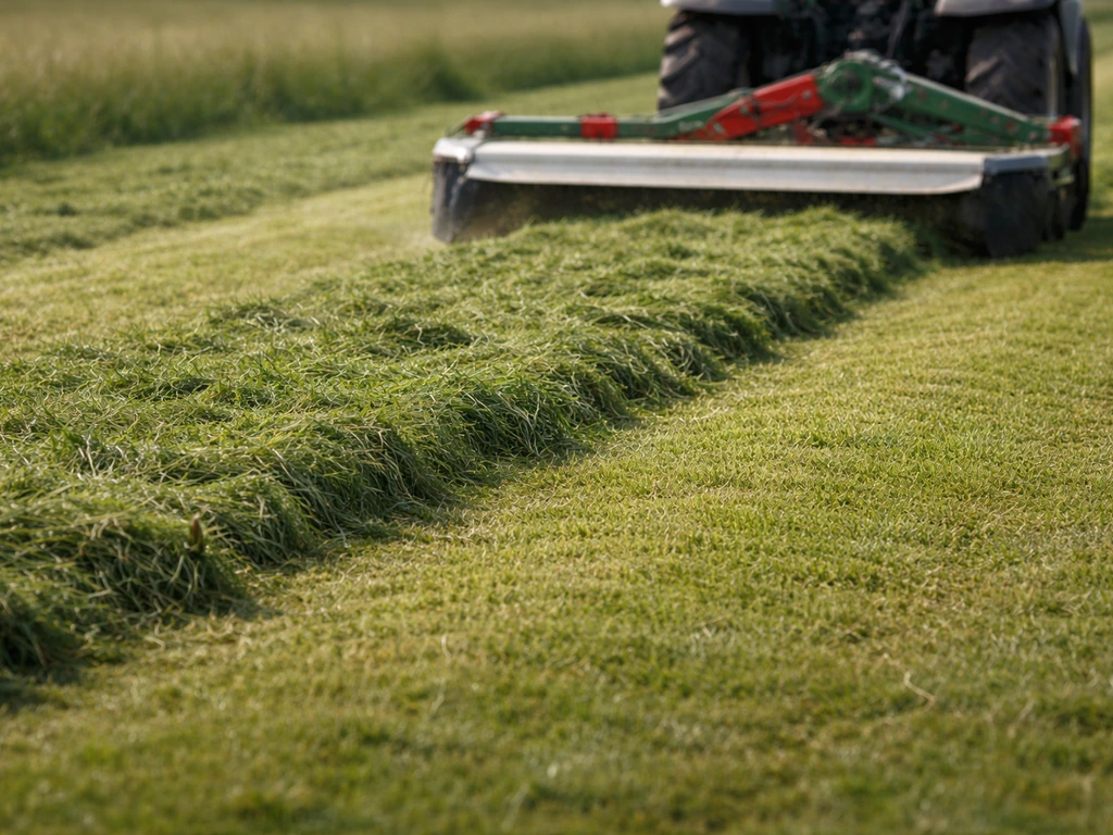 Faucheuse réglée montrant une hauteur de coupe de 6–8 cm et un andain homogène avec peu de terre.