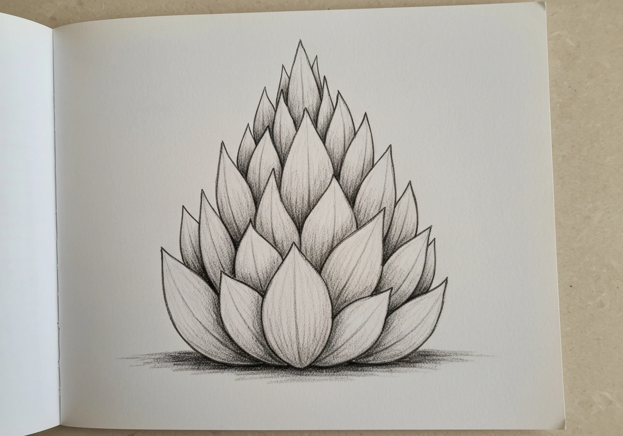 Touffe d’herbe dessinée avec volume, ombres et forme en flamme inversée sur fond clair.