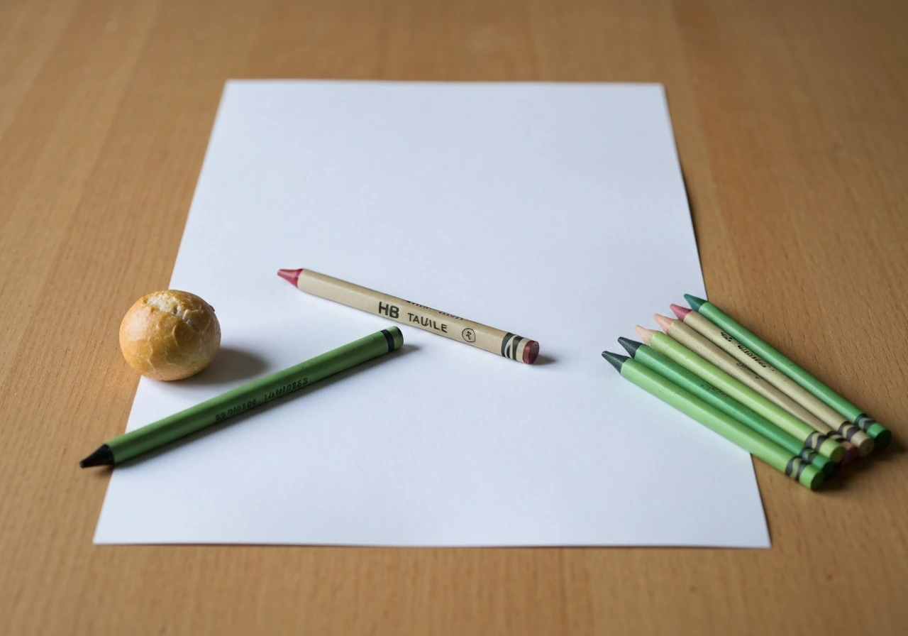 Matériel de dessin disposé sur une table en bois : crayon HB, gomme mie de pain, papier et outils verts.