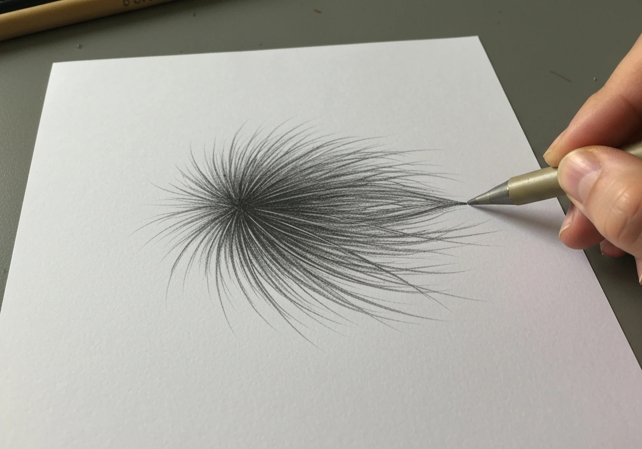 Gros plan d’un dessin au graphite avec brins en éventail et ombres en cours sur du papier.