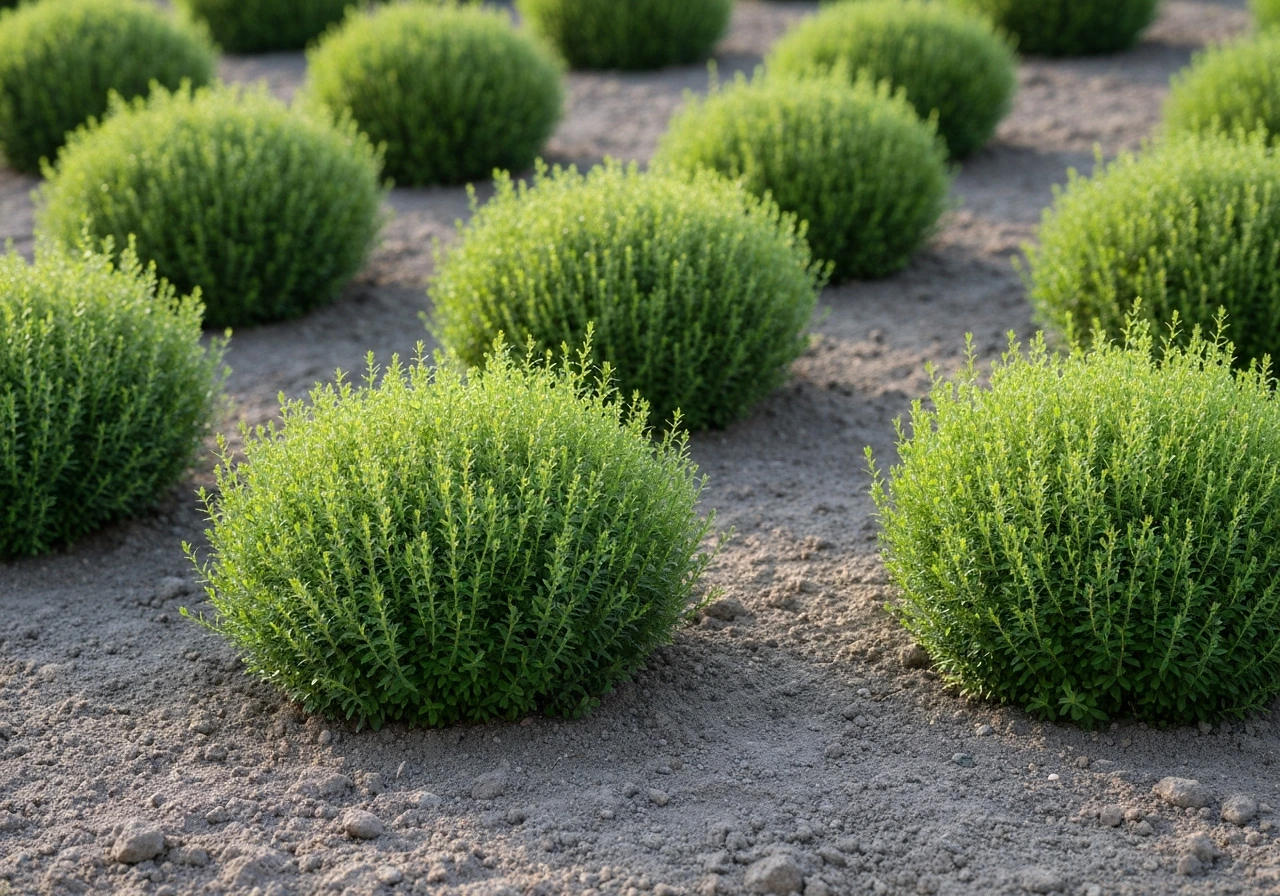 Plusieurs touffes de plantes groupées sur une pelouse, avant-plan net et arrière-plan légèrement flou.