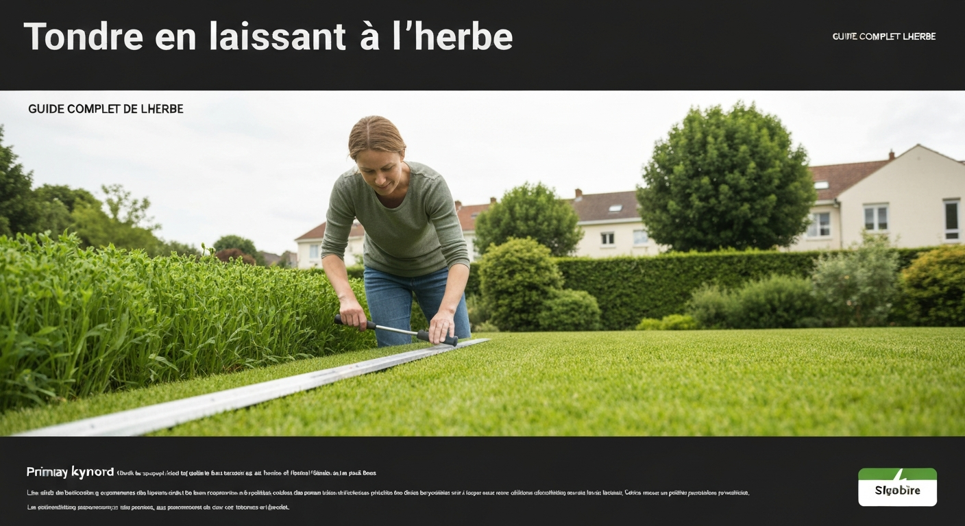 Personne tondant une pelouse en France avec la tondeuse réglée haut, montrant zones tondue et non tondue.