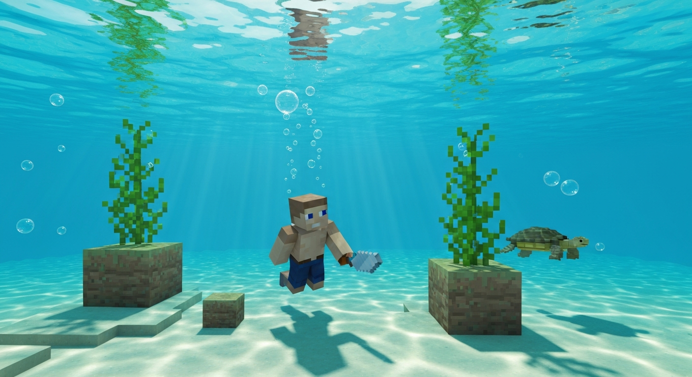 Vue sous-marine Minecraft : joueur avec cisailles récoltant de l'herbe aquatique, tall seagrass, tortue et fond sableux.