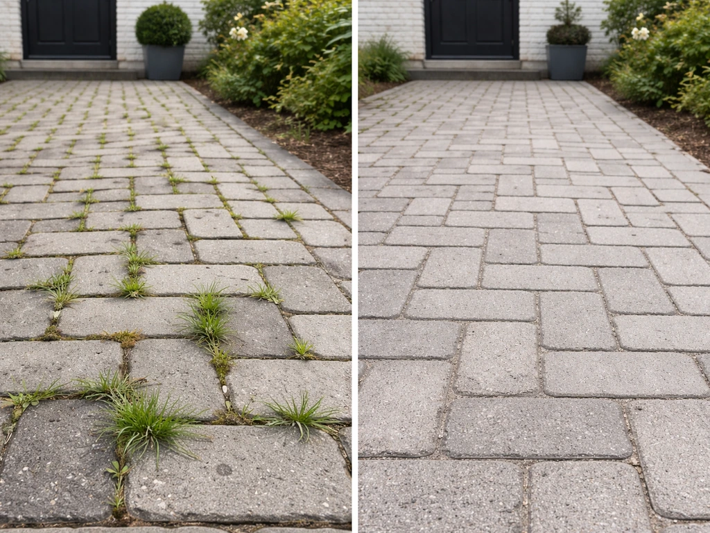 Allée en pavés : herbe visible entre les joints, et section désherbée avec joints refaits.