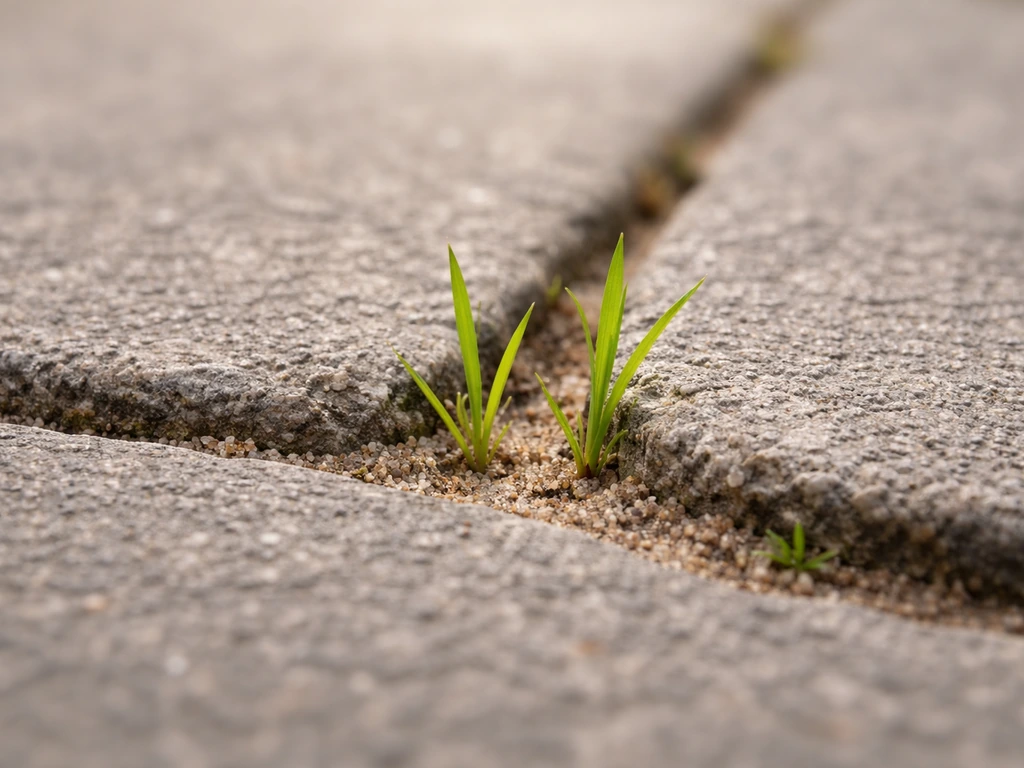 Gros plan sur des pavés dont le joint est dégradé, avec de jeunes pousses d’herbe entre les interstices.