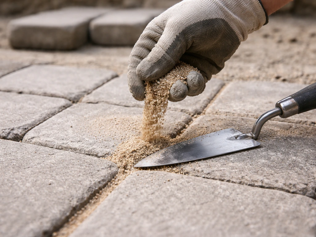 Gros plan sur le remplissage et le nivelage du sable dans les joints entre des pavés, avant compactage.