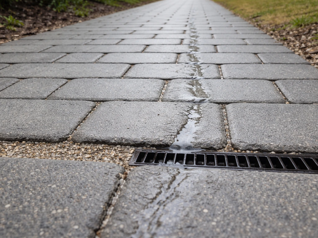 Allée pavée avec pente et gravier drainant, eau s’écoulant vers un caniveau discret