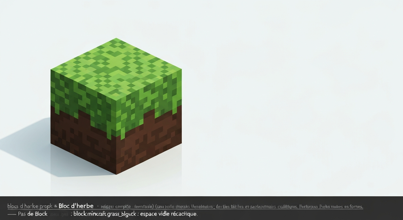 Bloc d'herbe style voxel (Grass Block) vu en isométrie avec étiquette « Grass Block = Bloc d'herbe » et extrait de traduction technique.
