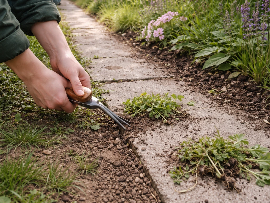 Allée de jardin avec mauvaises herbes en cours d’élimination, outil de désherbage au premier plan sur la terre