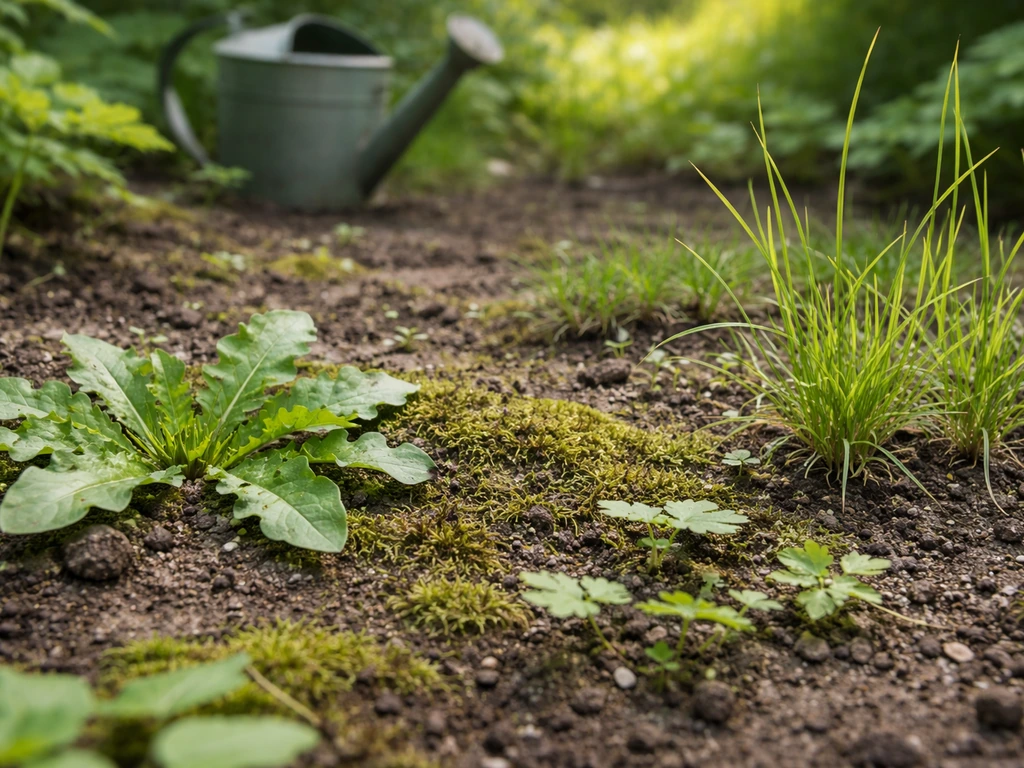 Pleine terre au jardin : pissenlit, mousse et herbes à racines visibles, avant de choisir une méthode d’élimination.