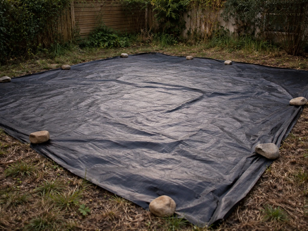 Zone de jardin envahie recouverte d’une bâche opaque noire pour empêcher la repousse.