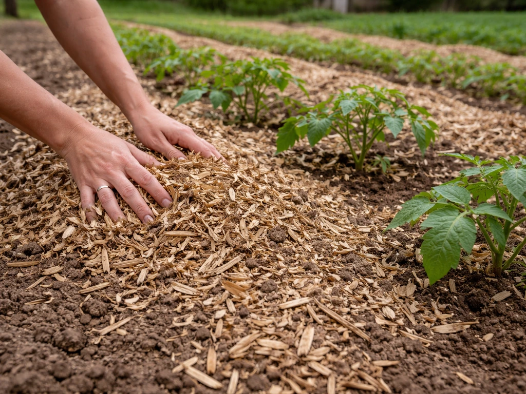 Mains qui étalent un paillage de 5 à 10 cm sur un sol fraîchement désherbé, jardin potager.