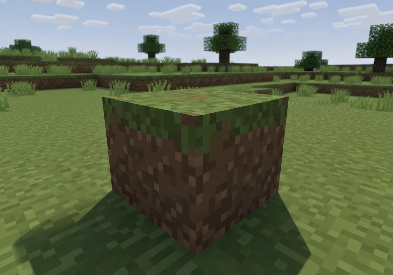 Gros plan d’un bloc de terre avec herbe Minecraft, avec un dessus vert sur une plaine en arrière-plan.