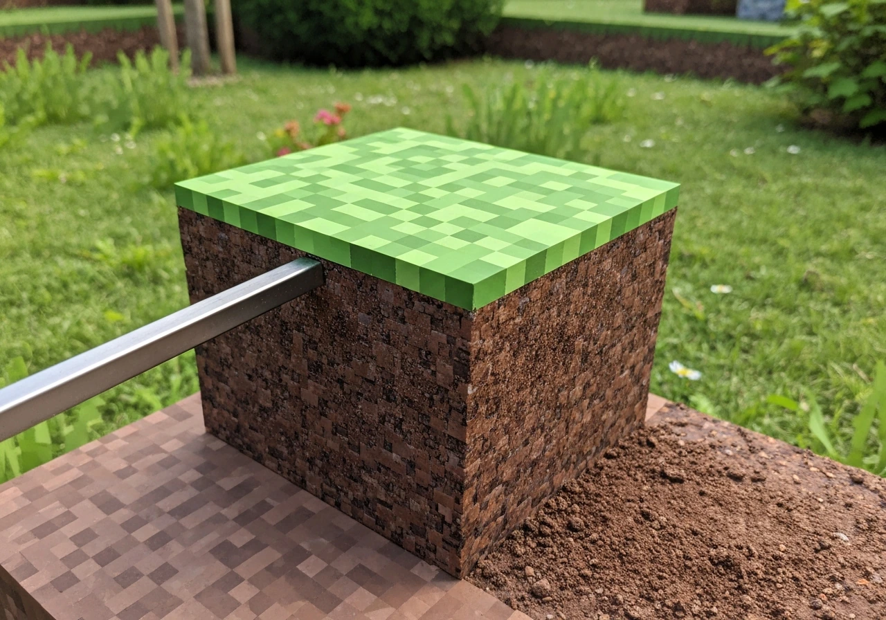 Un bloc d’herbe cassé sans Silk Touch devient une terre nue, avec de l’herbe autour.