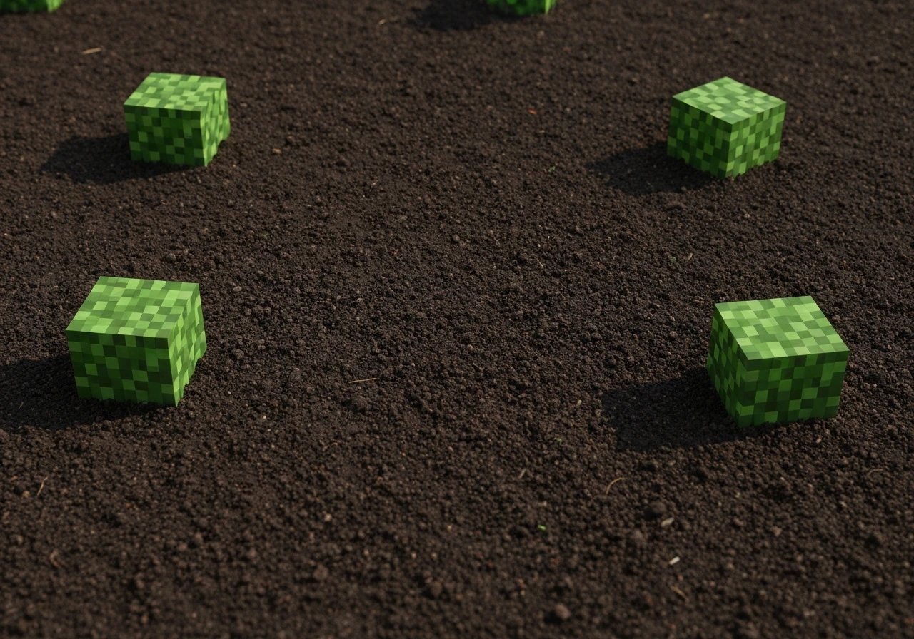 Vue réaliste d’une zone de dirt dans Minecraft, avec des blocs d’herbe prêts à déclencher la propagation.