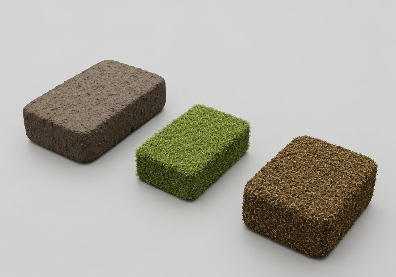 Mosaïque photo de trois blocs d’herbe : motte de gazon, turf/sod et bloc de foin compressé, textures visibles.