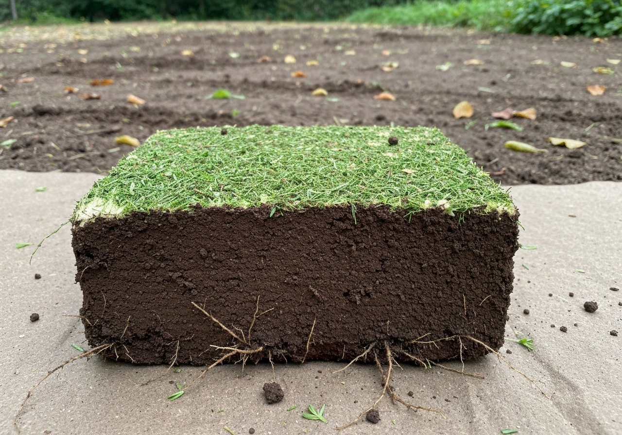 Gros plan d’un bloc de gazon avec racines et terre, posé sur une surface de sol pour le jardinage.