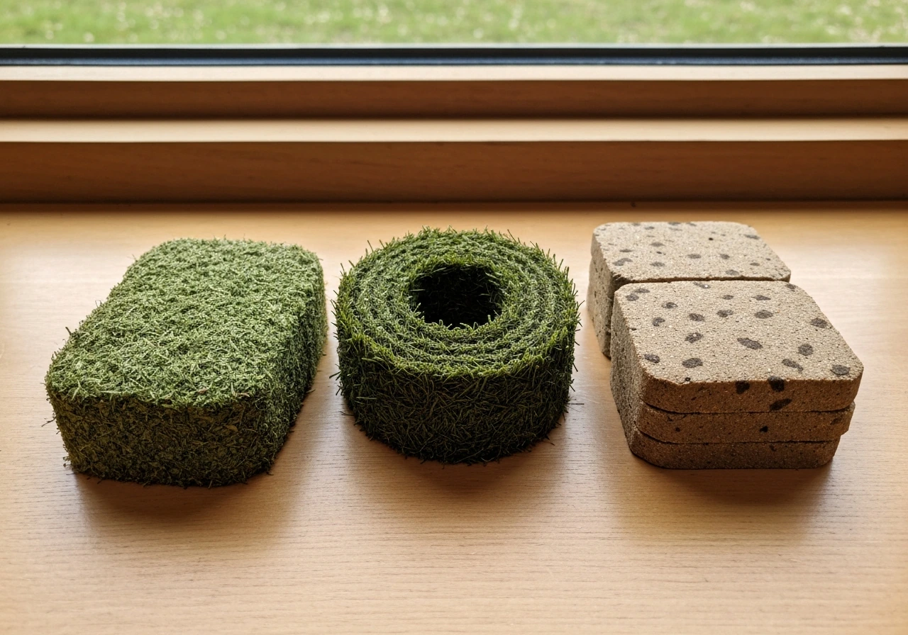 Trois bacs côte à côte : herbe, gazon et terre en plaques, éclairage naturel, intérieur minimal.