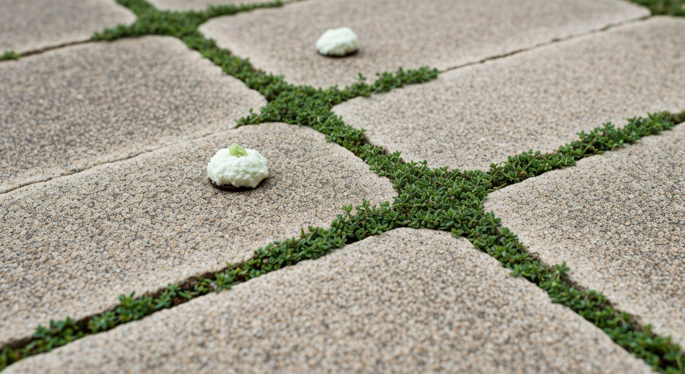 Gros plan d'herbes et de mousses poussant entre les joints d'une terrasse en dalles, avec grains de sable visibles
