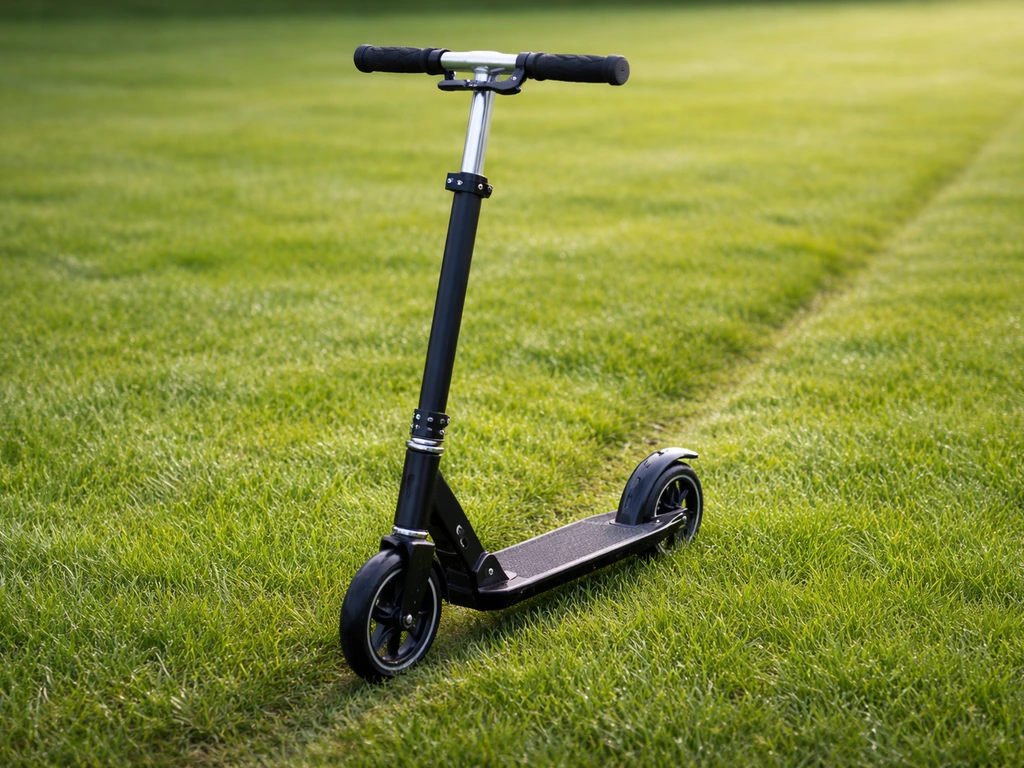 Trottinette posée sur une herbe fraîchement tondue, roues visibles, trajectoire propre avant de rouler.
