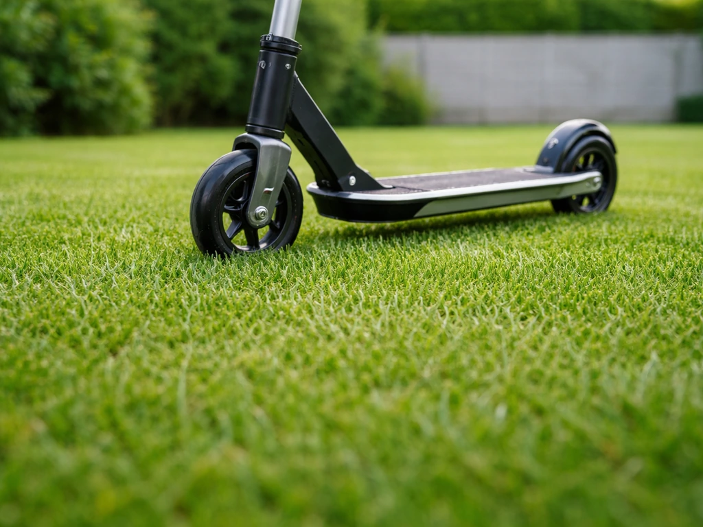 Pelouse fraîchement tondue, hauteur d’herbe 4–5 cm, avec une trottinette posée prête à rouler.