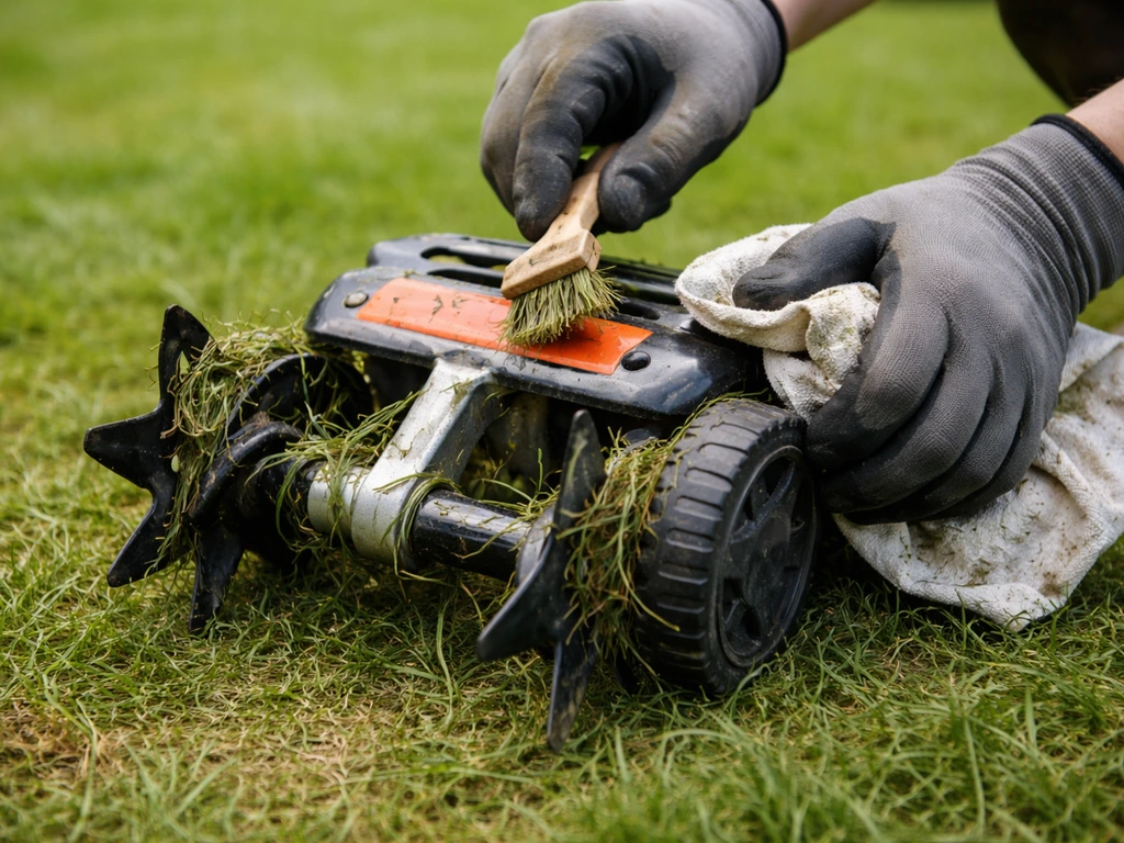 Mains gantées nettoyant les axes et roues d’un appareil après une session sur pelouse, herbe retirée