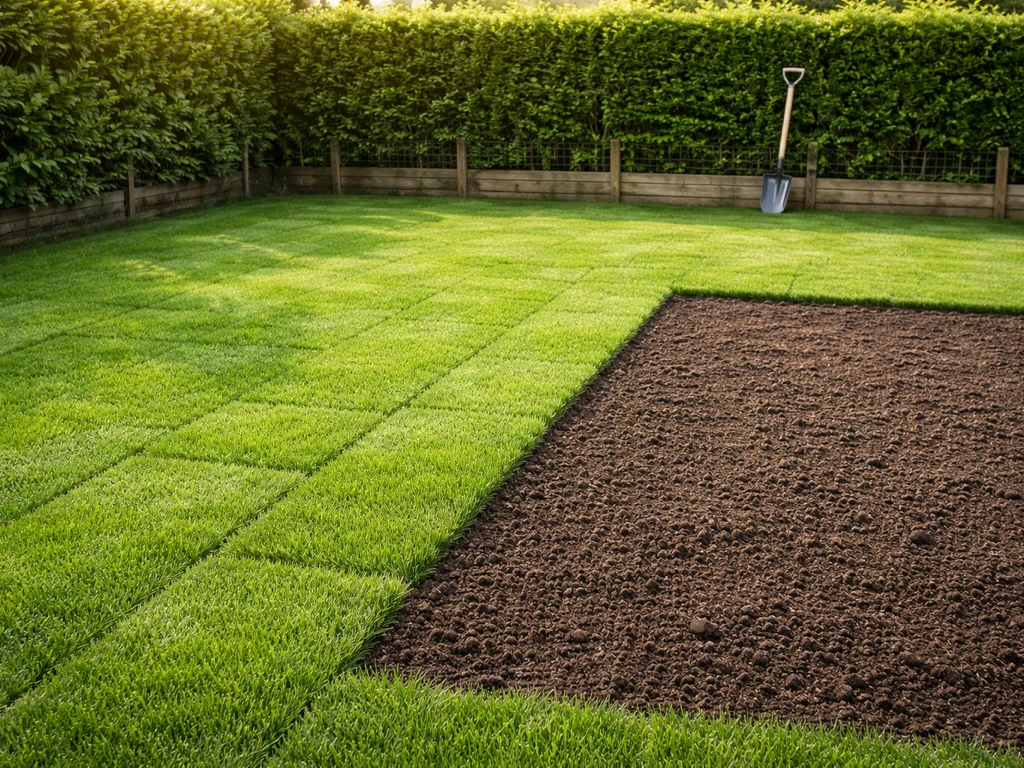 Pelouse récemment installée : plaques posées et zone de semis dans un jardin français, sans personnes.