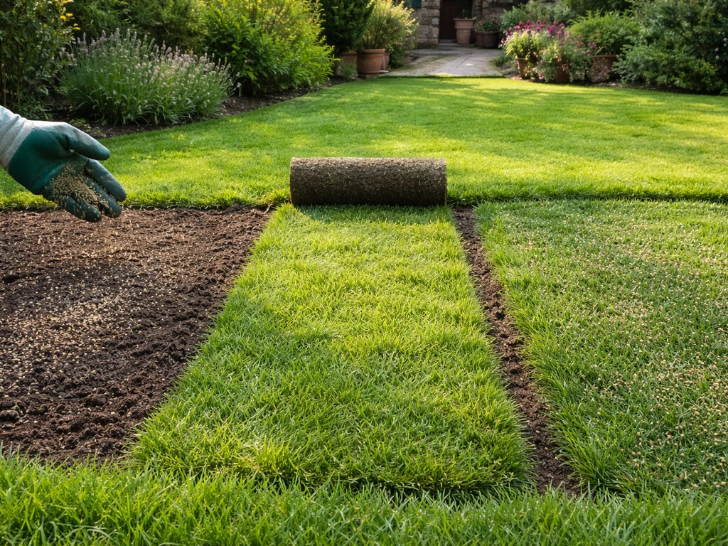 Jardin avec pelouse : semis à la main, rouleau d’engazonnement déroulé, graines sursemées sur la zone de droite.