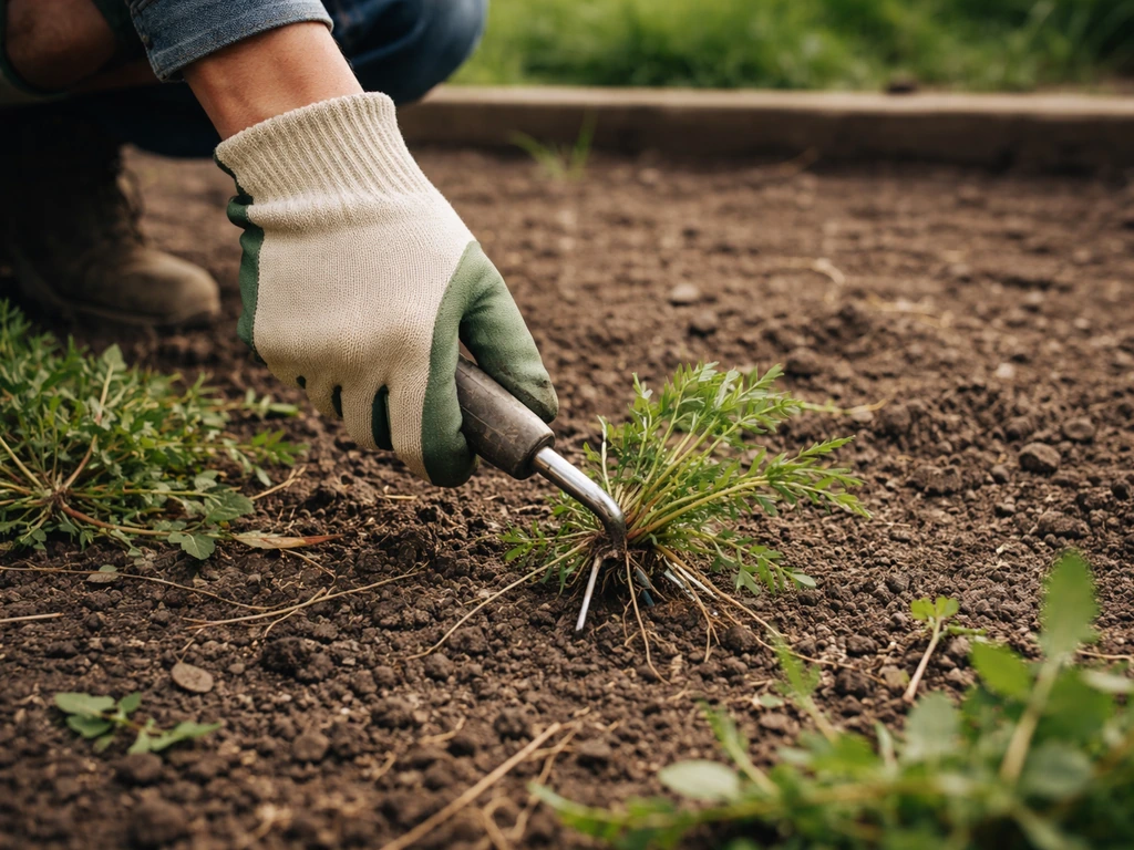 Main gantée arrachant des mauvaises herbes au ras du sol, débris végétaux visibles, jardin simple.