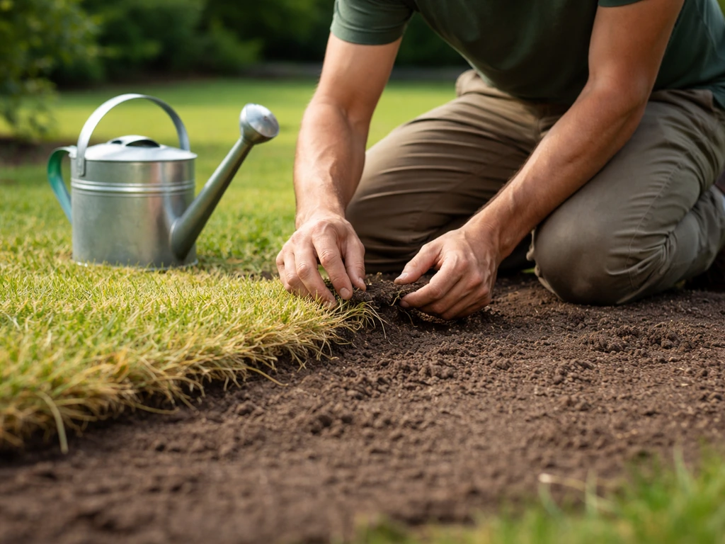 Un jardinier inspecte un semis et un gazon jaunissant, avec terre humide et arrosoir, sans texte.