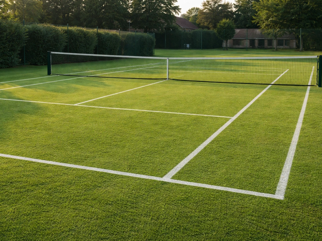 Terrain de tennis en herbe bien entretenu, lignes nettes et sol régulier, ambiance club au soleil.