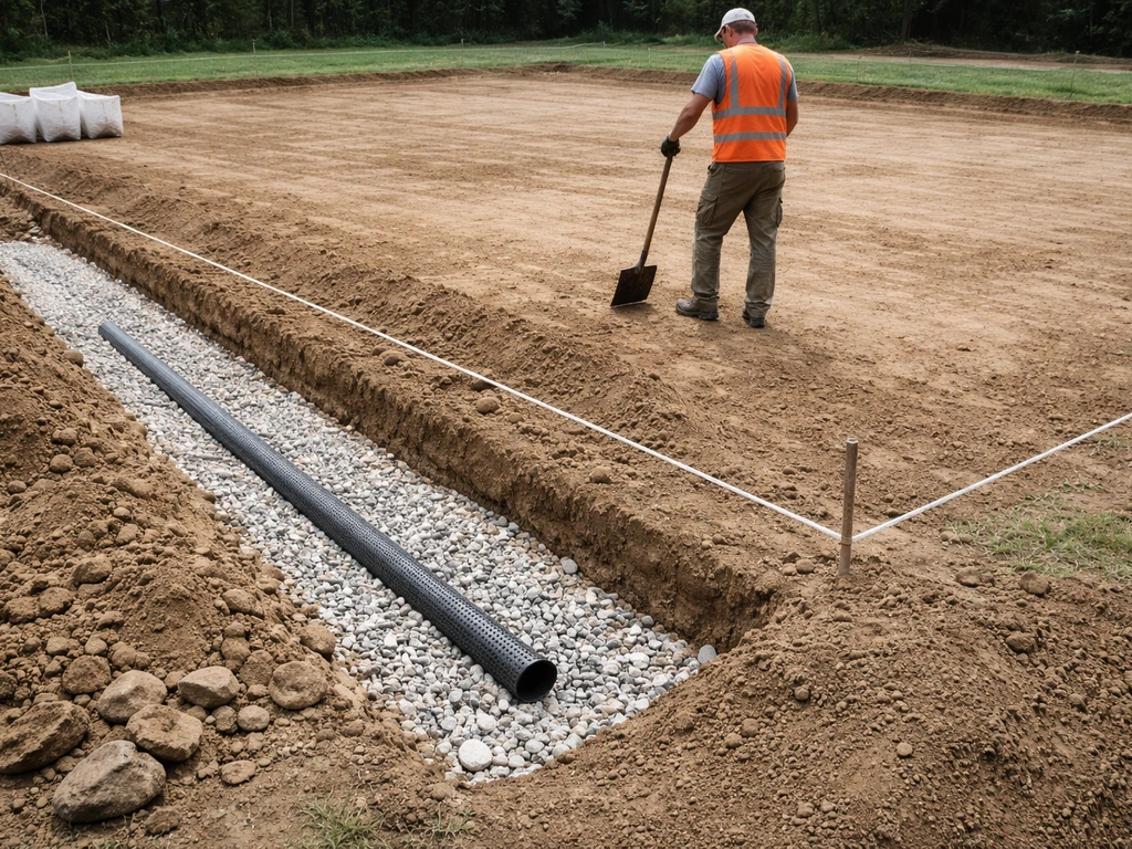 Ouvrier sur un sol excavé, pente en place et drainage au gravier pour préparer un terrain en herbe.
