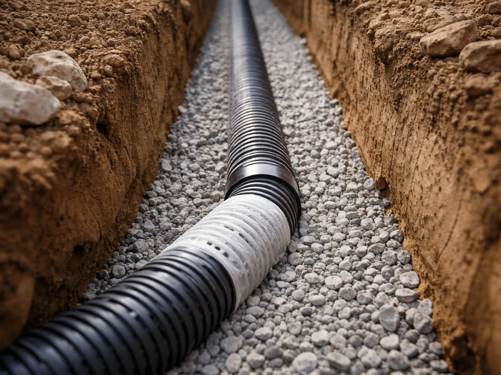Tranchée de drainage avec tuyau perforé et gravier drainant, vue rapprochée sur le chantier.