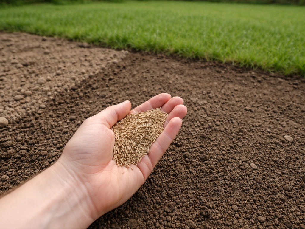 Main tenant des graines au-dessus de terre de jardin, avec jeune gazon en arrière-plan, ambiance regarnissage.