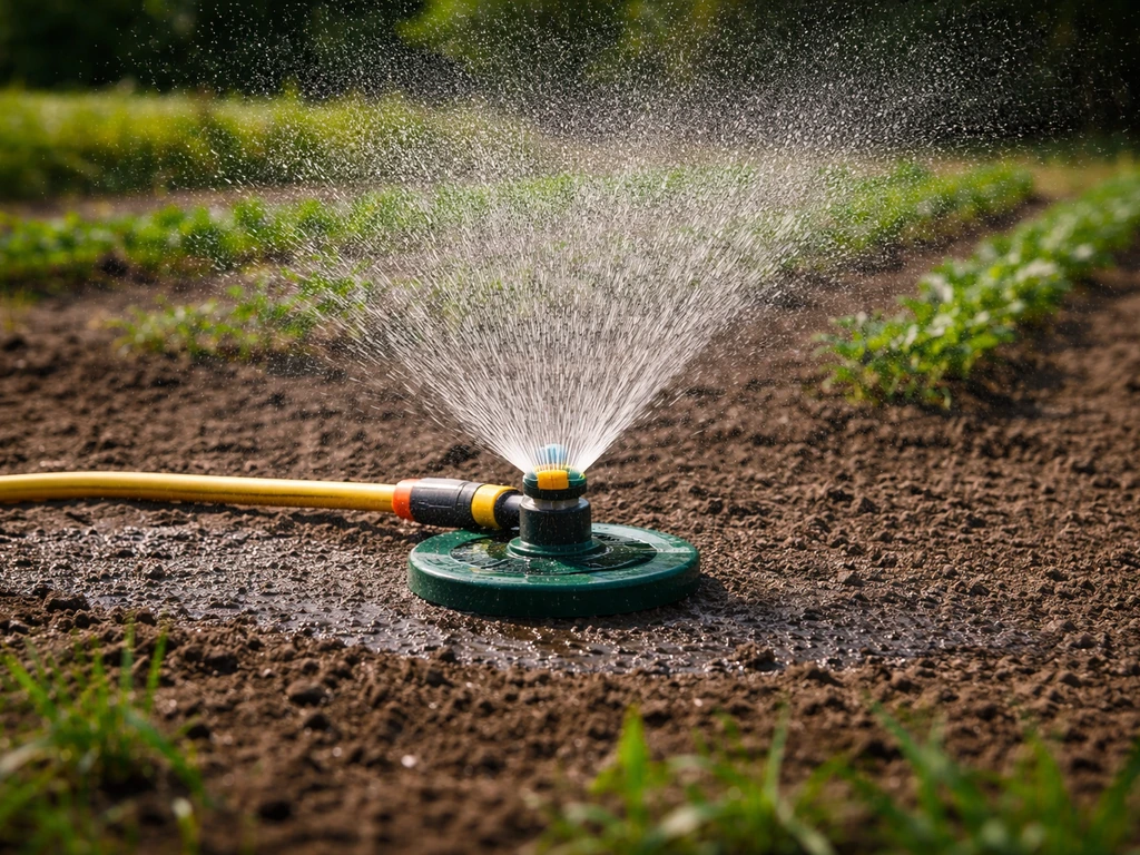 Arroseur réglé arroser en pluie fine, sol humide sans ruissellement après installation.