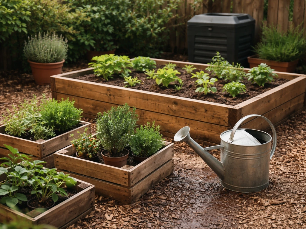 Petit carré potager surélevé avec jeunes plants, arrosoir et bac à compost dans un jardin domestique.