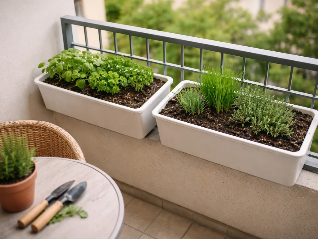Petit balcon optimisé avec bacs rectangulaires et jeunes plants d’herbes, montrant l’espace disponible.