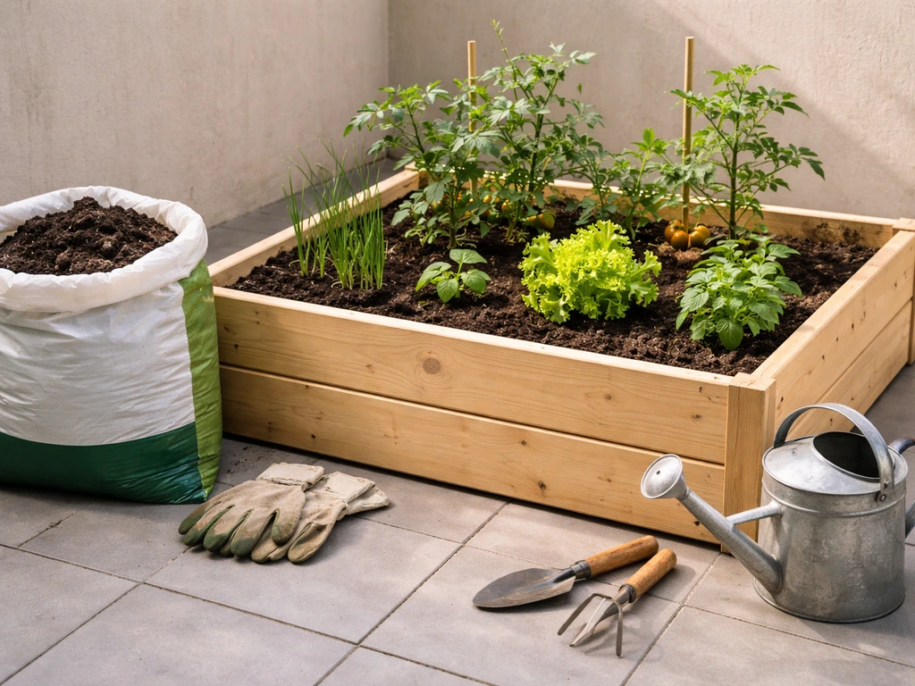 Carré potager en bois et matériel de jardinage simple posés sur une terrasse, terreau en sac et arrosoir