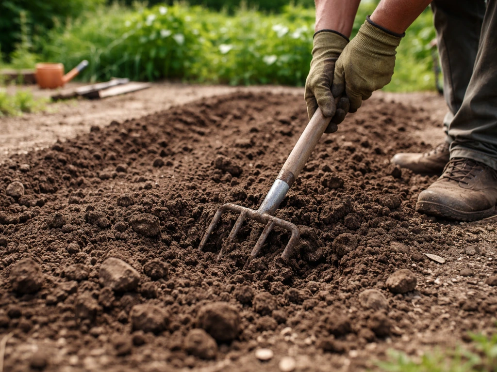 Fourche-bêche ameublissant la terre en surface dans un potager, avant plantation.