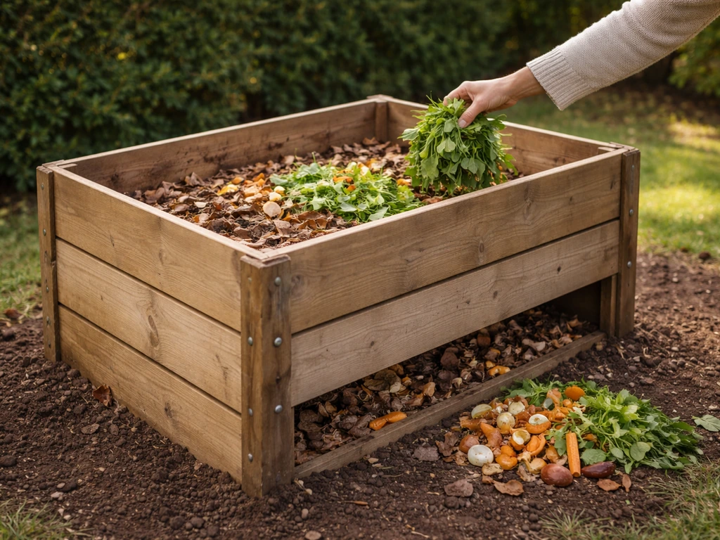 Composteur en bois au jardin avec couches visibles brun/vert et déchets de cuisine et feuilles en cours de décomposition
